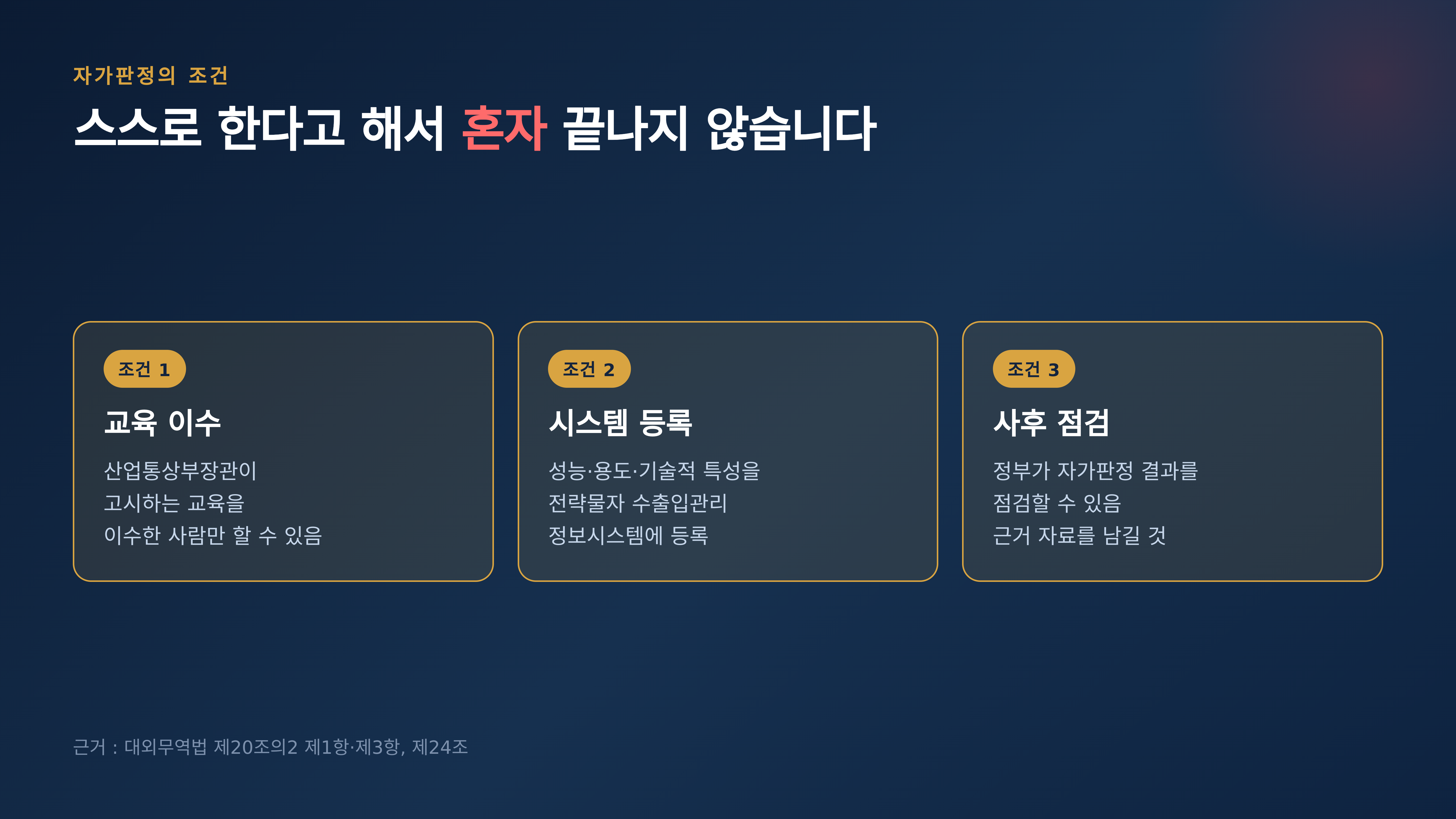 자가판정에 붙는 세 가지 조건 · 근거 : 대외무역법 제20조의2 제1항·제3항, 제24조
