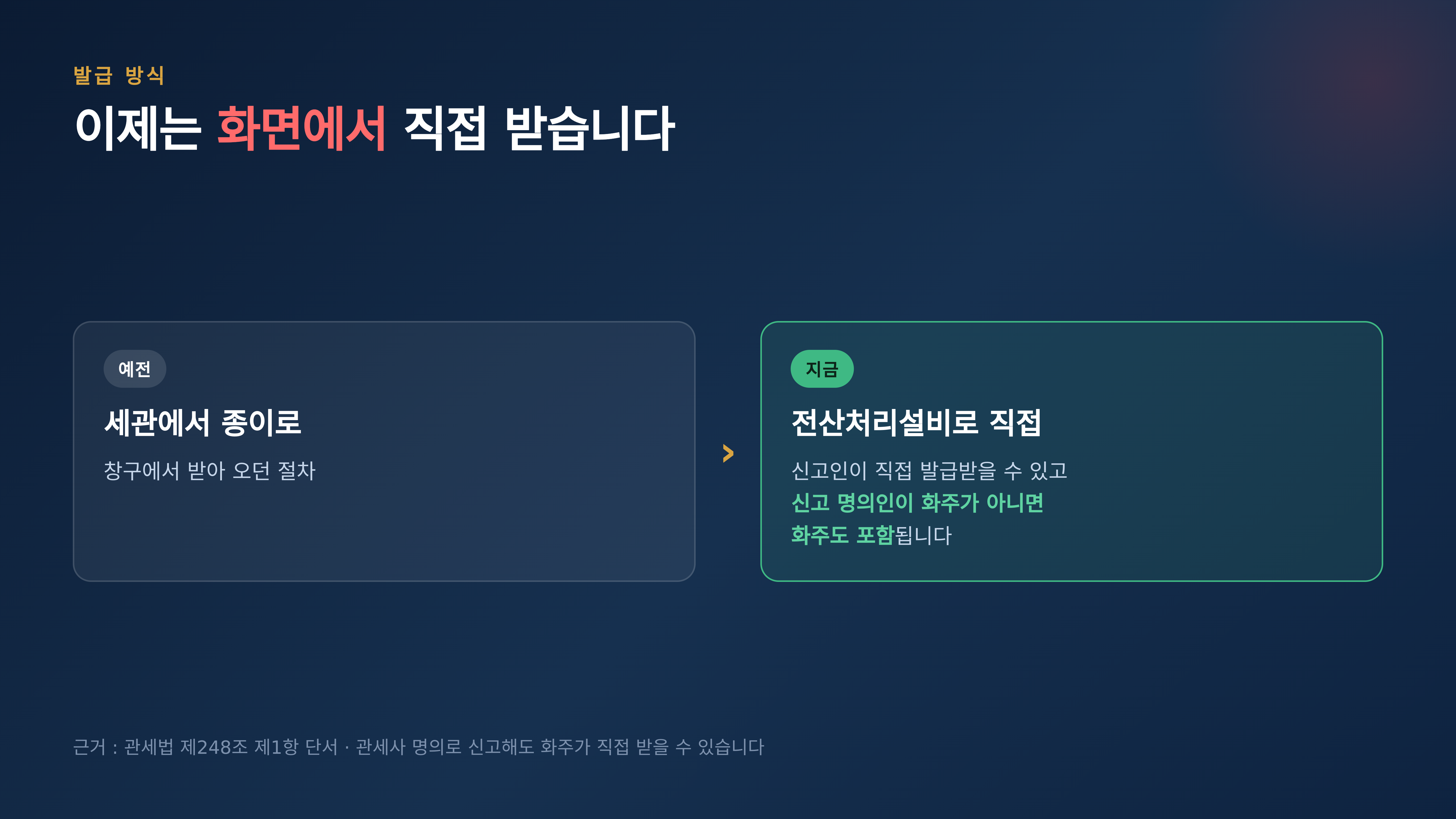 전산처리설비로 직접 발급받을 수 있고 화주도 포함된다 · 근거 : 관세법 제248조 제1항 단서