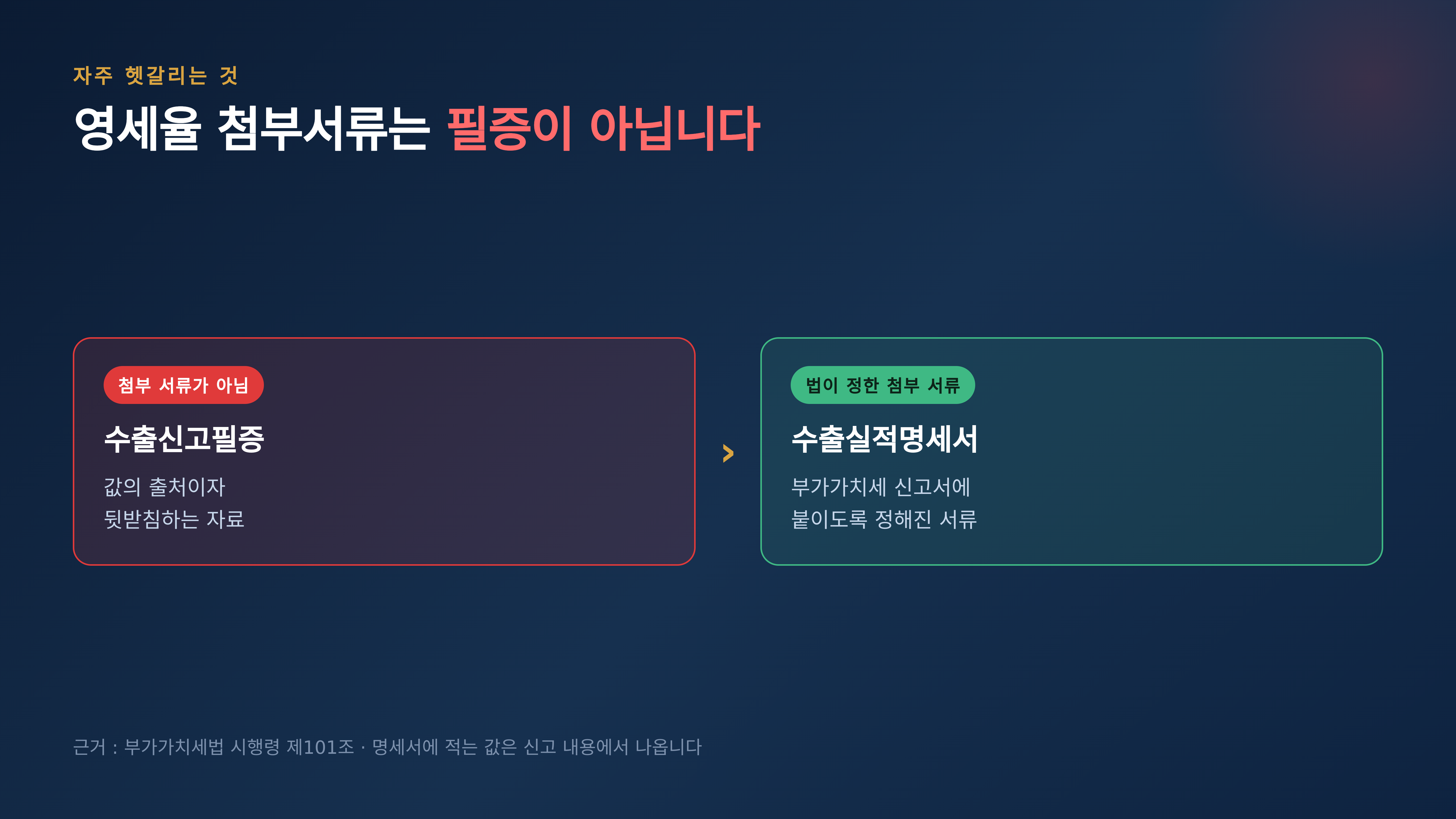 영세율 신고에 붙이도록 정해진 서류는 수출실적명세서다 · 근거 : 부가가치세법 시행령 제101조