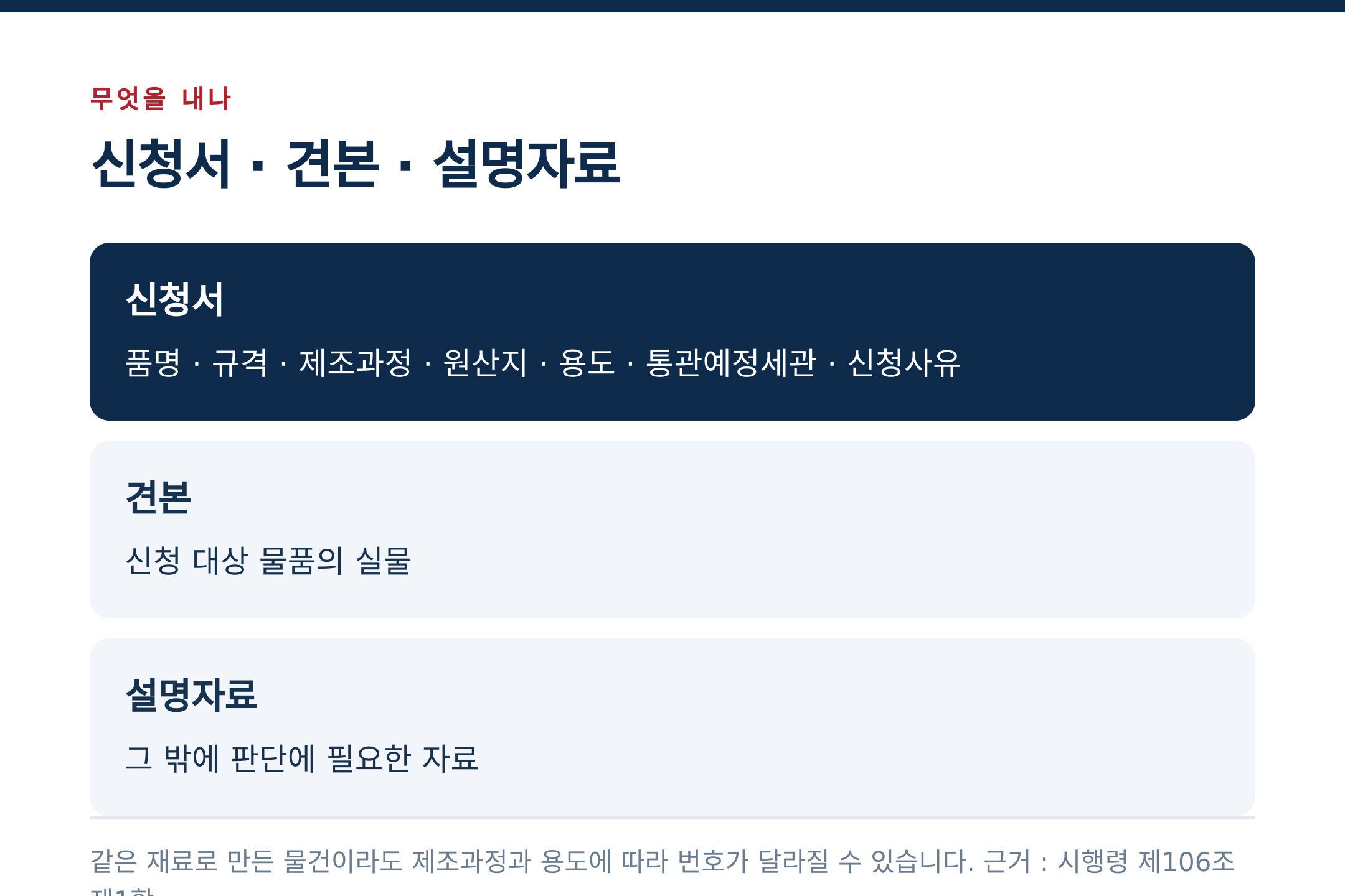 신청서·견본·설명자료 (출처 : 시행령 제106조 제1항)