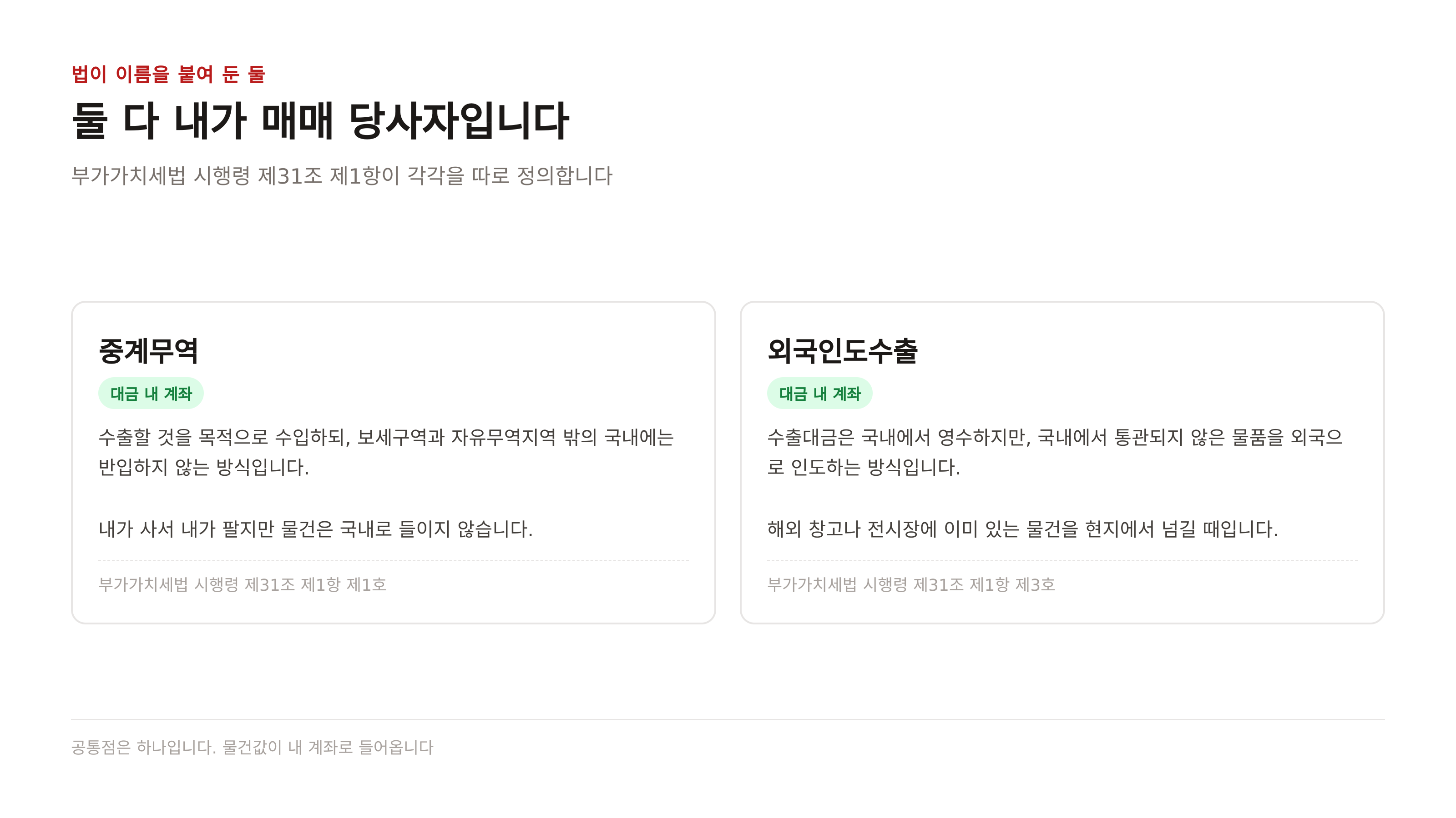 법이 이름을 붙여 둔 두 유형 — 둘 다 내가 매매 당사자입니다 (근거: 부가가치세법 시행령 제31조 제1항 제1호·제3호)