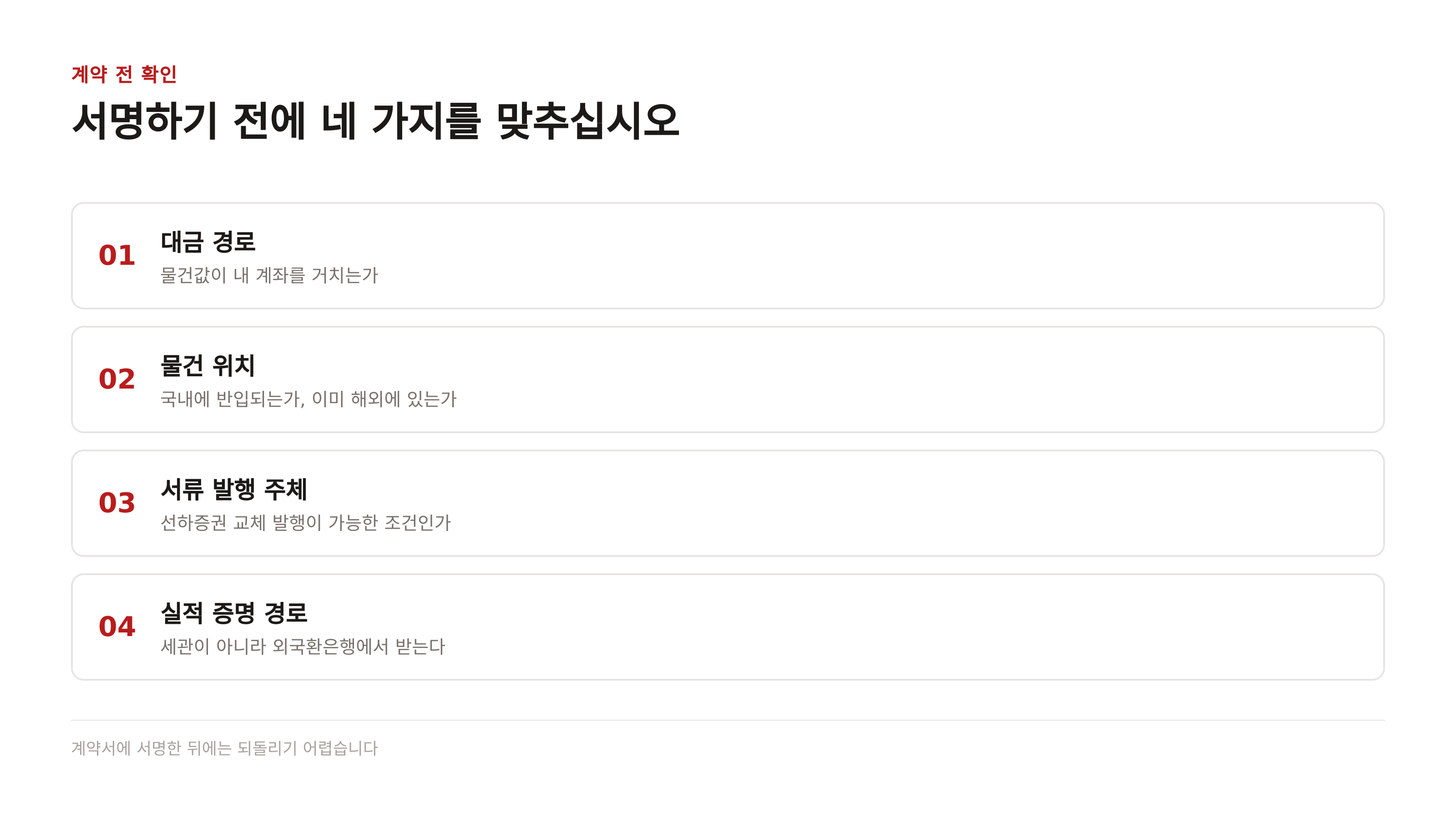 계약 전 확인할 네 가지 — 대금 경로·물건 위치·서류 발행 주체·실적 증명 경로