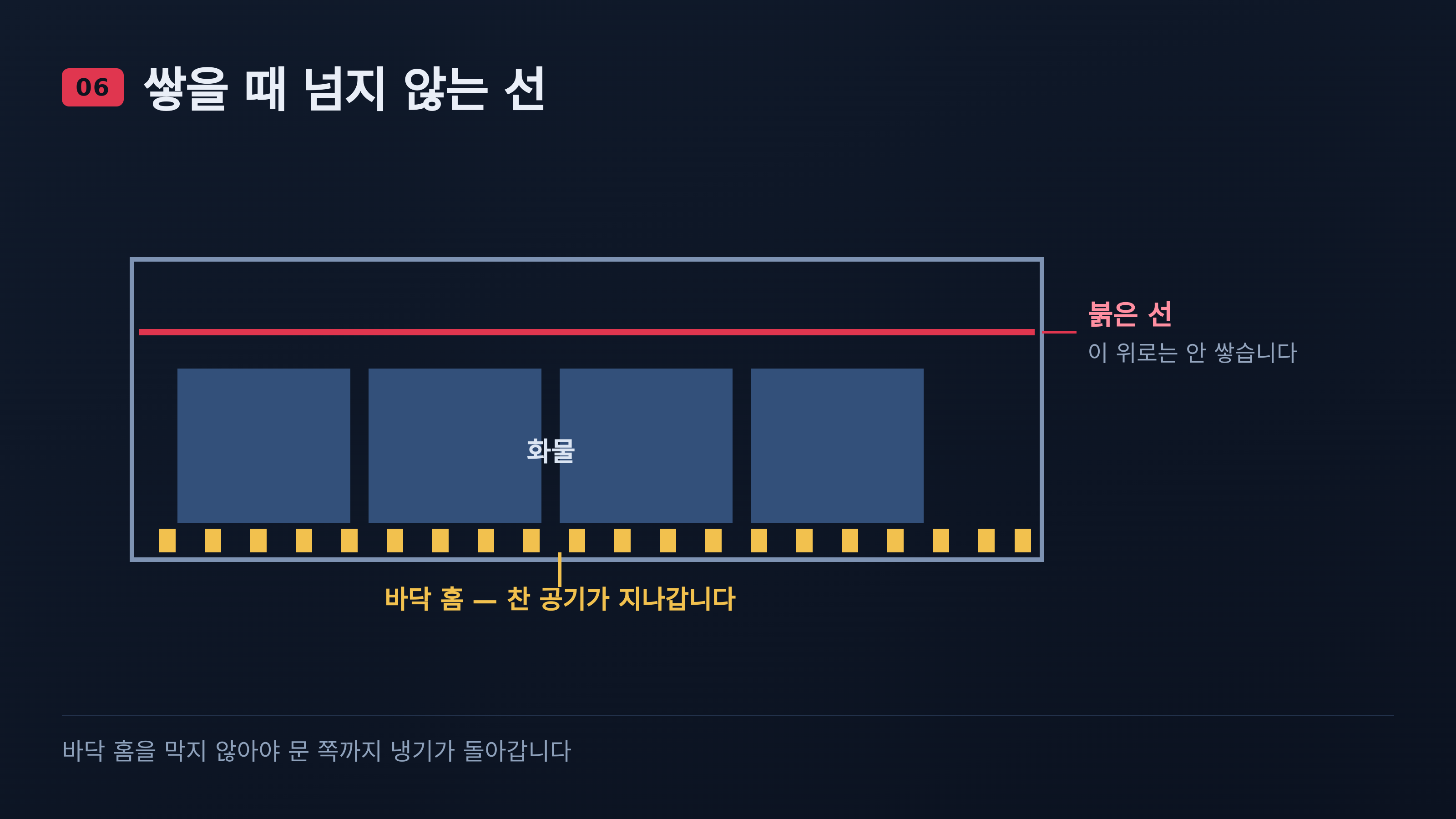 바닥 홈과 붉은 선 — 쌓을 때 지키는 두 가지