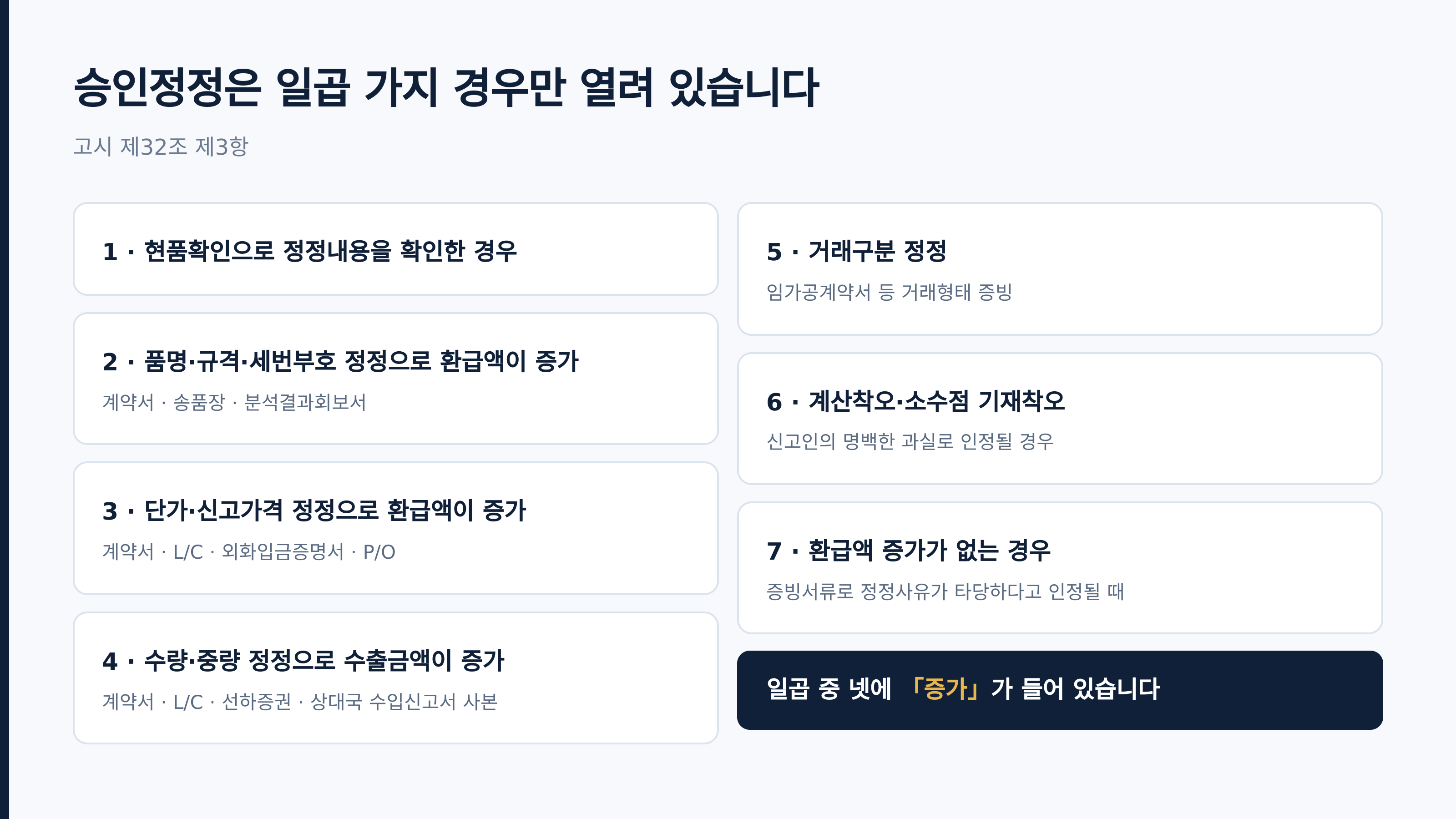 승인정정 일곱 가지 사유 (고시 제32조 제3항)