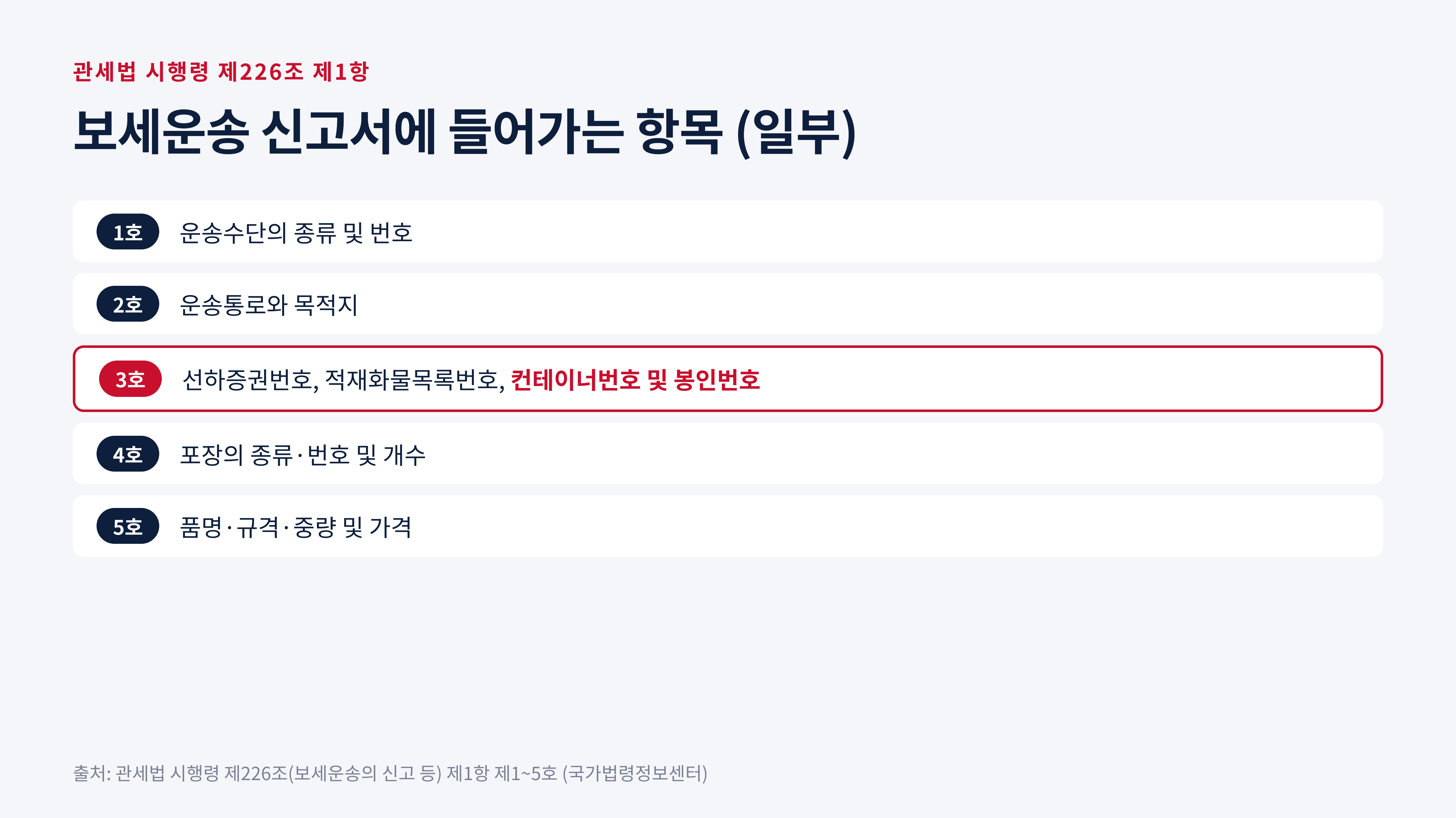 보세운송 신고서에 들어가는 컨테이너번호와 봉인번호 (관세법 시행령 제226조)