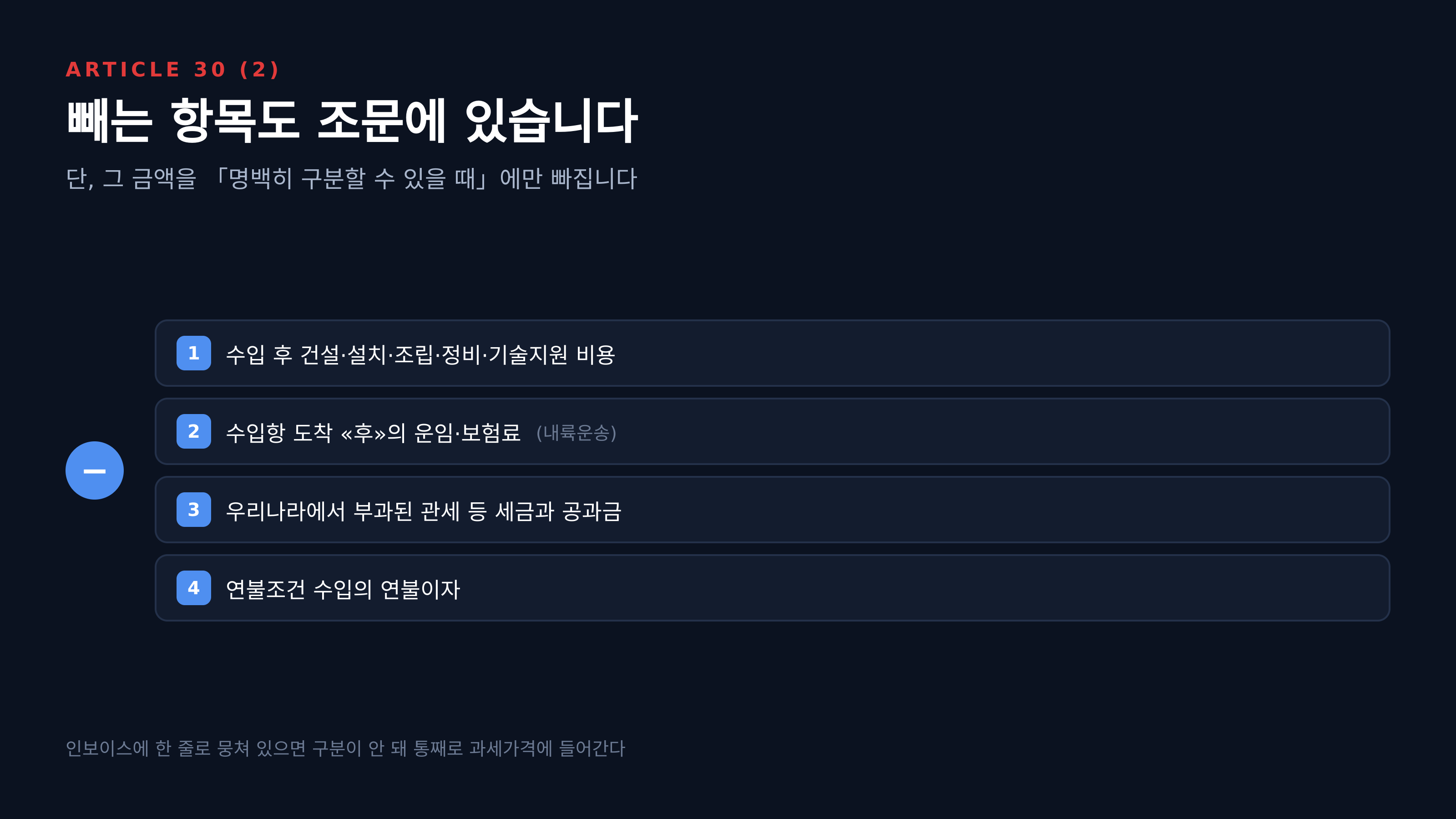 빼는 항목 네 가지와 「명백히 구분할 수 있을 때」라는 조건 (출처 : 국가법령정보센터 관세법 제30조 제2항)
