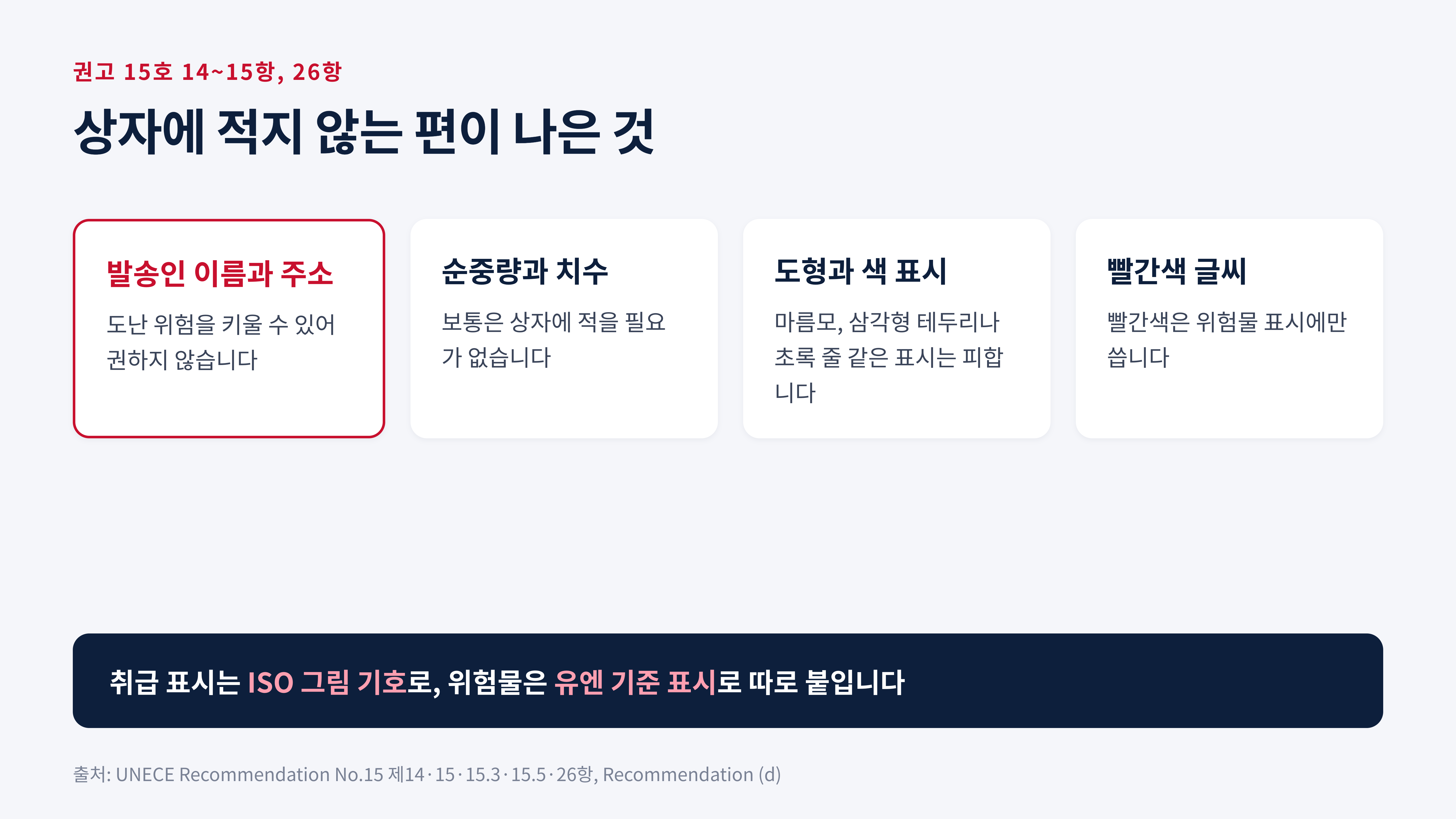 상자에 적지 않는 편이 나은 네 가지 (UNECE 권고 15호 제14·15·26항)