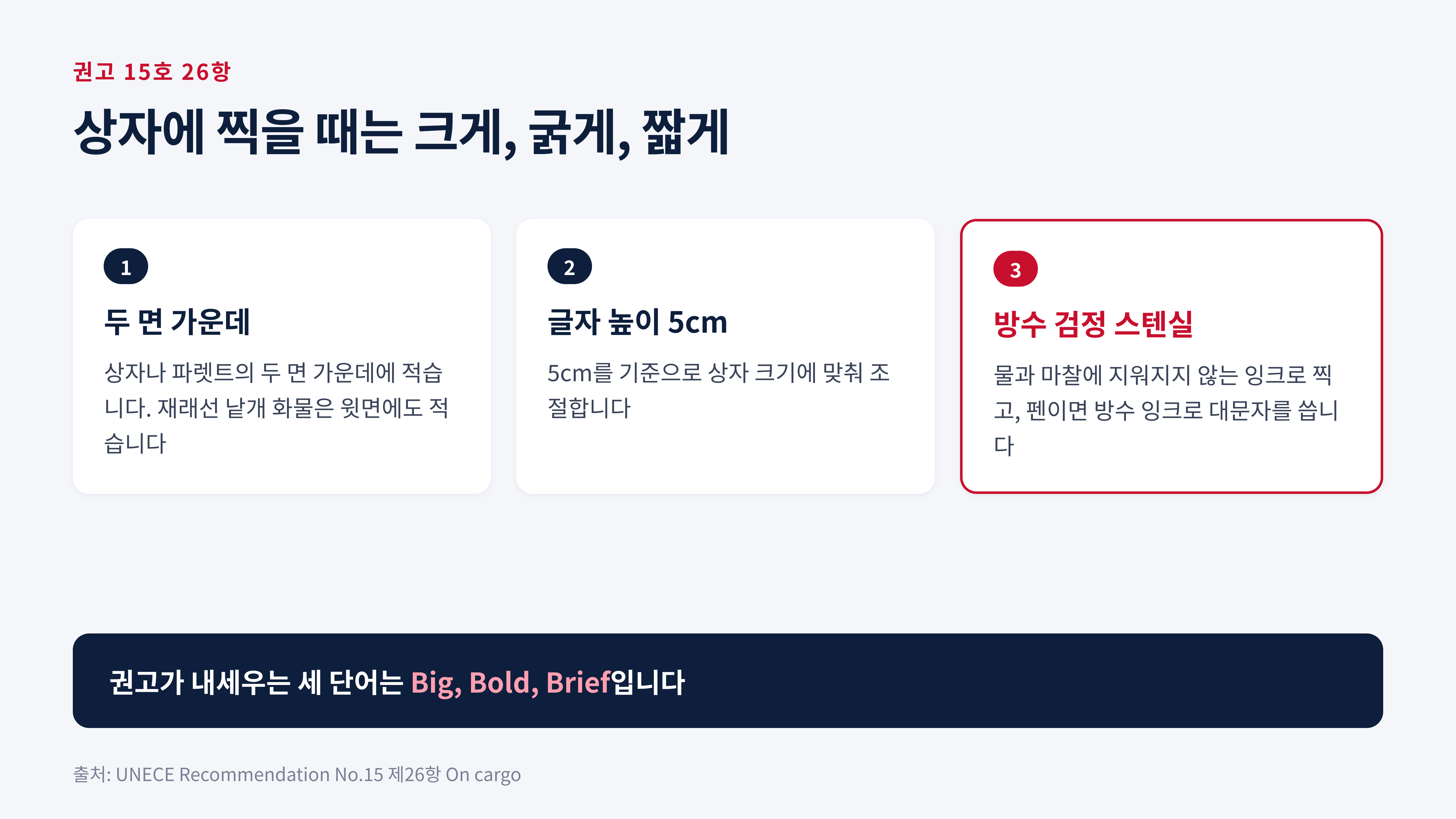 상자에 찍을 때의 원칙, 두 면 가운데, 글자 높이 5cm, 방수 검정 스텐실 (UNECE 권고 15호 제26항)