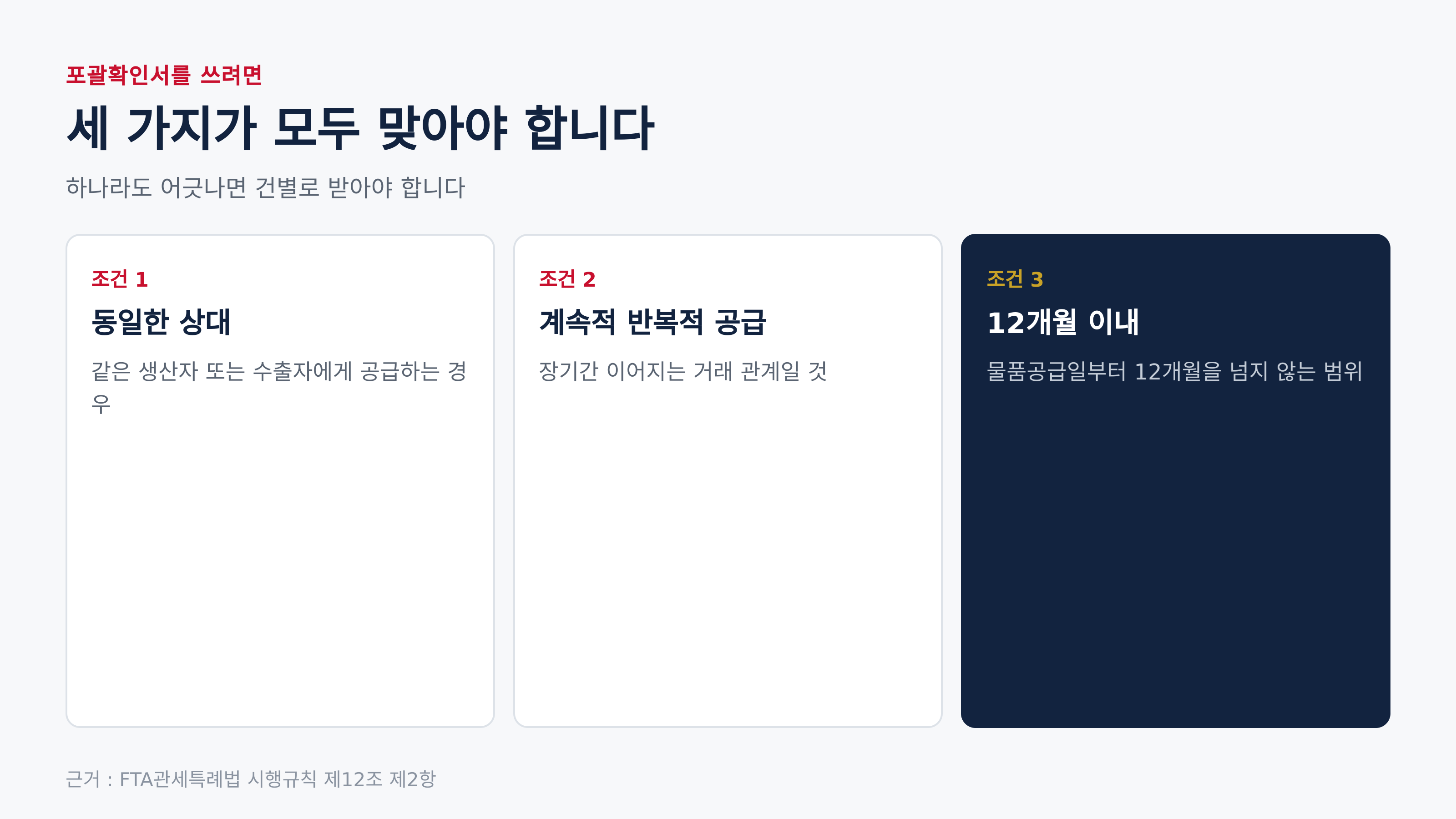 포괄확인서를 쓰려면 맞아야 하는 세 가지 (근거 : FTA관세특례법 시행규칙 제12조 제2항)