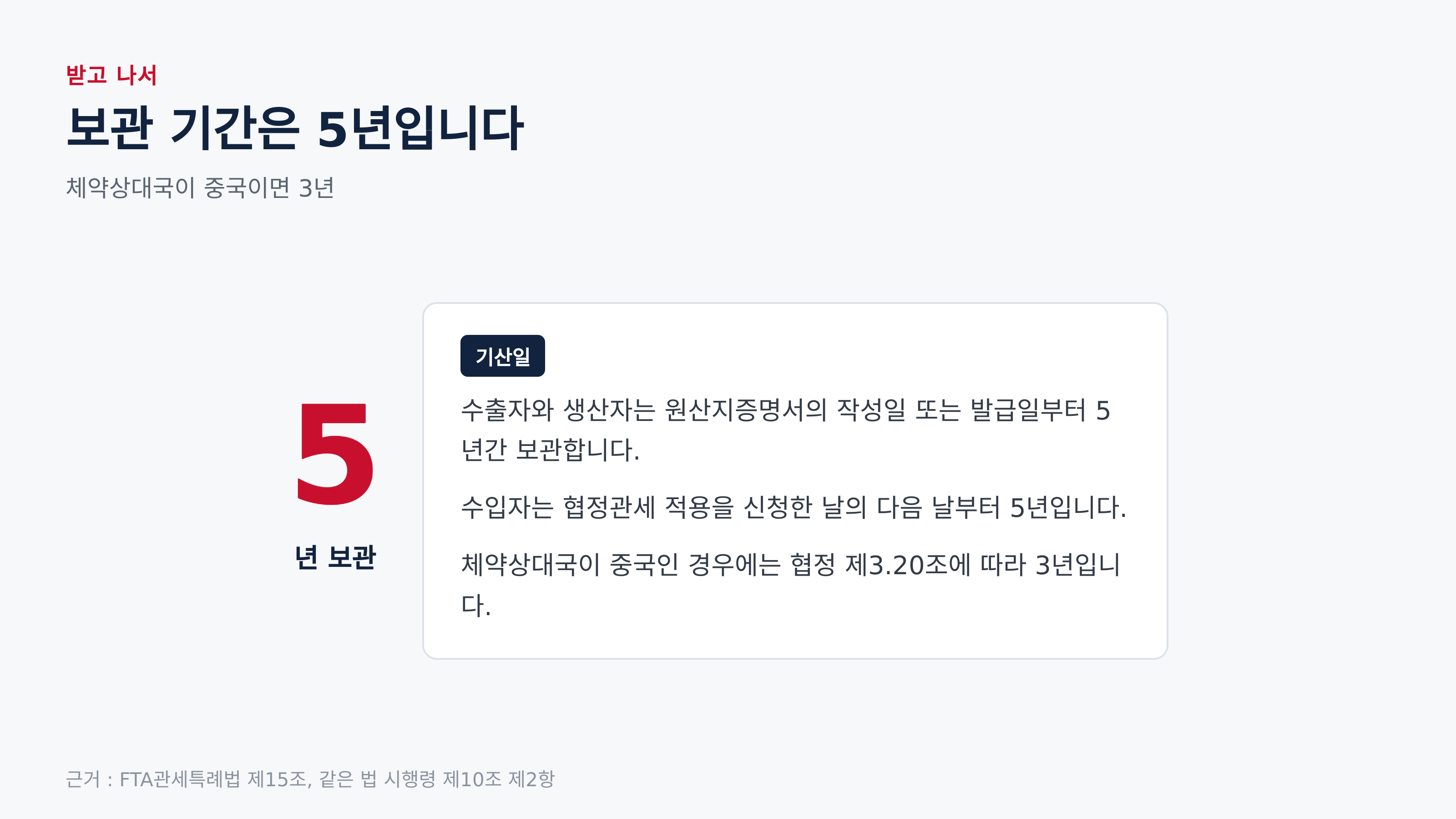 보관 기간과 기산일 (근거 : FTA관세특례법 제15조, 같은 법 시행령 제10조 제2항)